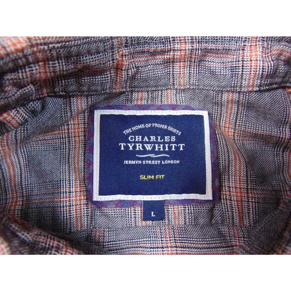 Charles Tyrwhitt Shirt Mens Large Gray‎ Orange Plaid Slim Fit Button Front - Picture 4 of 8